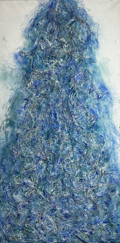Letterfall, Collage, Marmormehl, Papier, Pigmente, Tusche, Wachsseife auf Leinwand, 140 x 70 cm * collage, paper, pigments, ink, wax soap, on canvas, 55 x 27.5 in © 2026 by Jutta Blühberger / Bildrecht, www.juttabluehberger.at (660301)