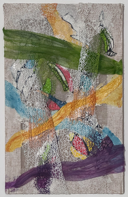 net.works.overlap.interact, Textil- und Papier-Collage auf Jutegewebe (mit Keilrahmen), 80 x 50 cm * textile and paper collage on jute, 31.5 x 20 in © 2025 by Jutta Blühberger www.juttabluehberger.at