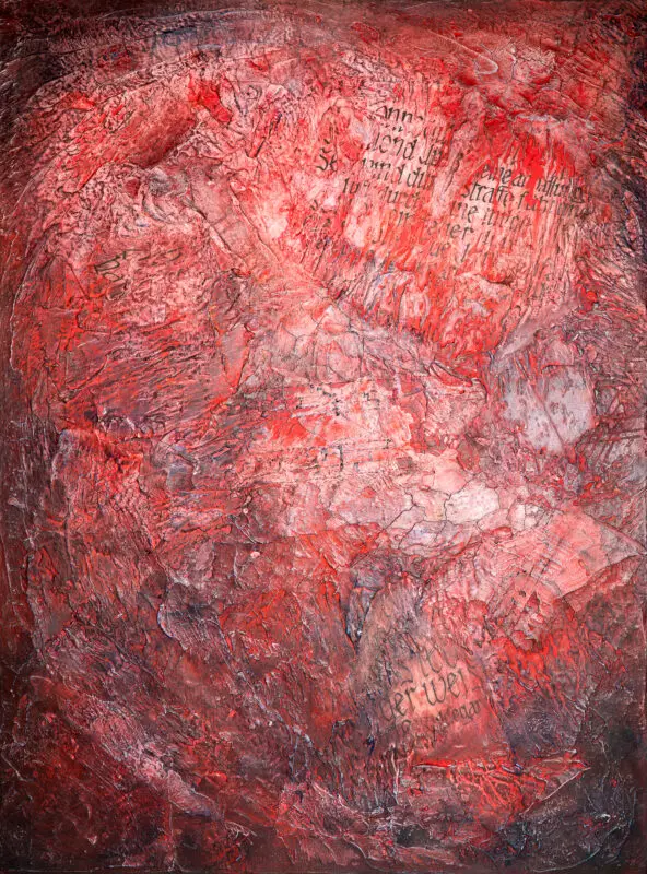 Lebensfreude trotz Gegenwind – Hildegard von Bingen, Marmormehl, Papier, Kasein, Tempera, Öl, Wachsseife, Wachssalbe und Pigmente, 80 x 60 cm © 2024 by Jutta Blühberger www.juttabluehberger.at